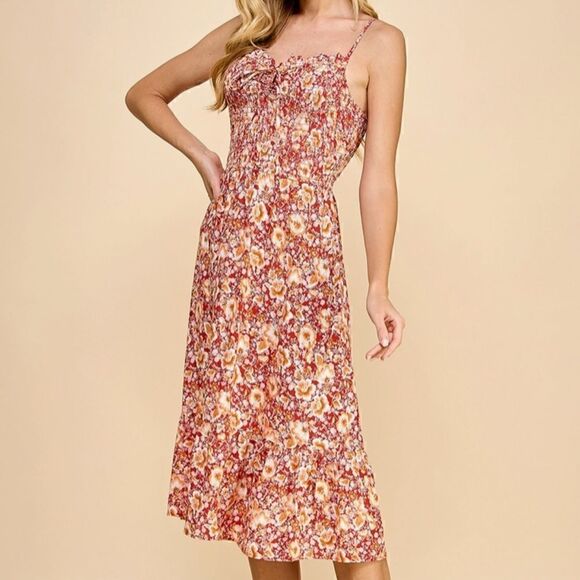 NEW! Cute Smocked Bodice Tie Front Boho Red Floral Spaghetti Strap Slip Dress - Picture 4 of 8